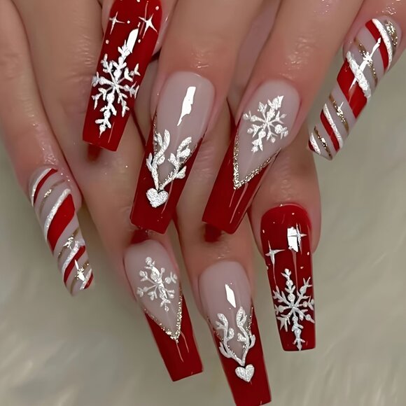 24-Piece Christmas Nail Art Set Long Ballet-Shaped Press-on Nails with Snowflake - Picture 1 of 6